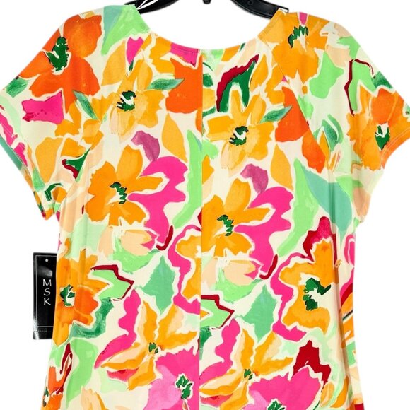 MSK Women's Pullover Stretch Ivory Multi Floral Print Short Sleeve Dress XL NWT - Picture 6 of 12